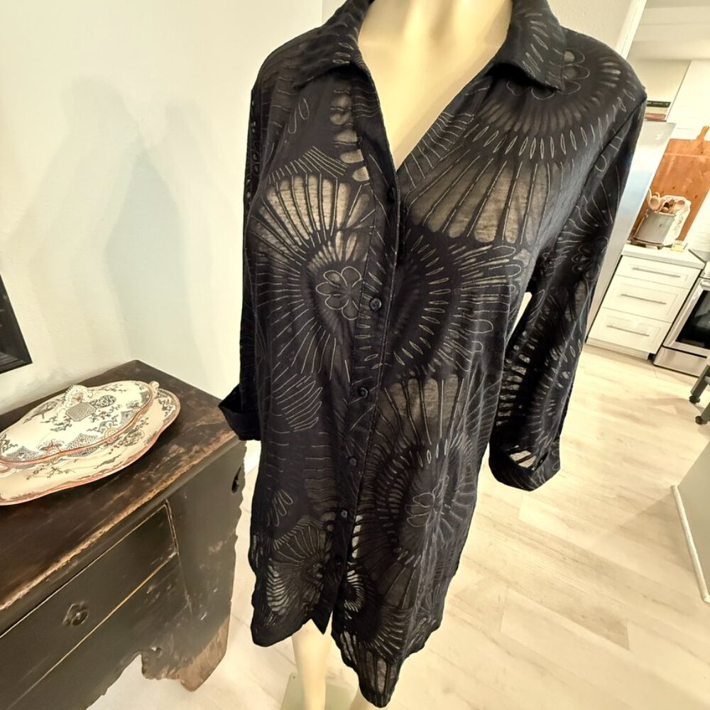 ravel collared button down semi sheer long sleeved knee length COVER UP